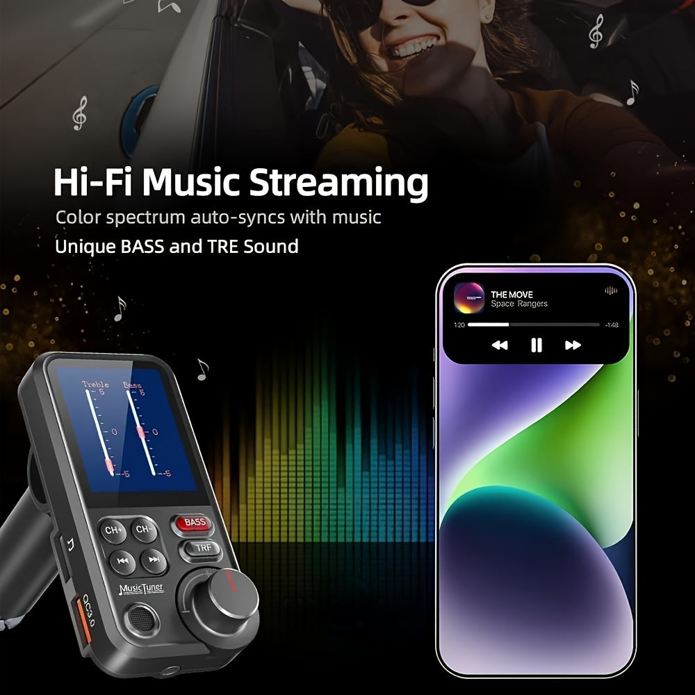 Car FM-BT 5.3 Transmitter with Enhanced Microphone, Wireless Car Adapter, 1.8" Color Screen, Hands-Free Calling, QC3.0 Fast Charging, Supports 64GB USB Drive & 64GB TF Card, And Bass/Treble Music Player.