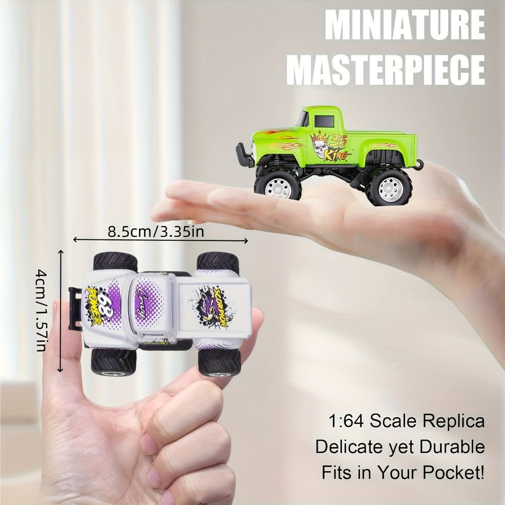 Mini Alloy RC Monster Truck 1:64 Scale 2.4GHz Off-Road Crawler with LED Lights, Street Graffiti Spray-Paint Design, White Headlights & Red Taillights – 5 Colors Kids Gift