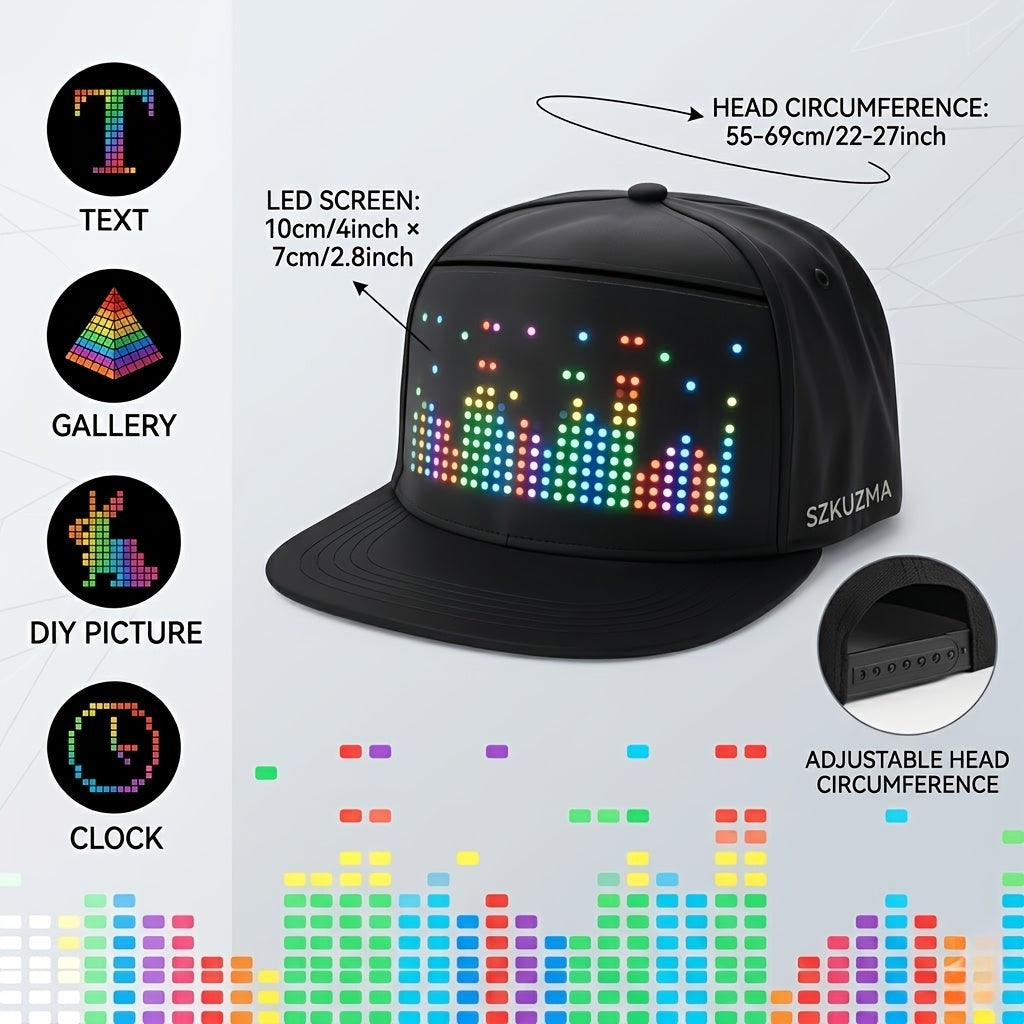Programmable LED Hat with APP Control – Custom Text, Animation & Graffiti Display, USB Rechargeable, Adjustable Fit for Men & Women, Glowing Light-Up Cap for Party, Festival, Wedding & Carnival