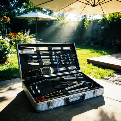 BBQ Griddle Tool Set with Aluminum Case, Oversized Spatula, Griddle Cover & Grill Scraper, Portable Outdoor Grilling Kit for Camping Parties Family Gatherings