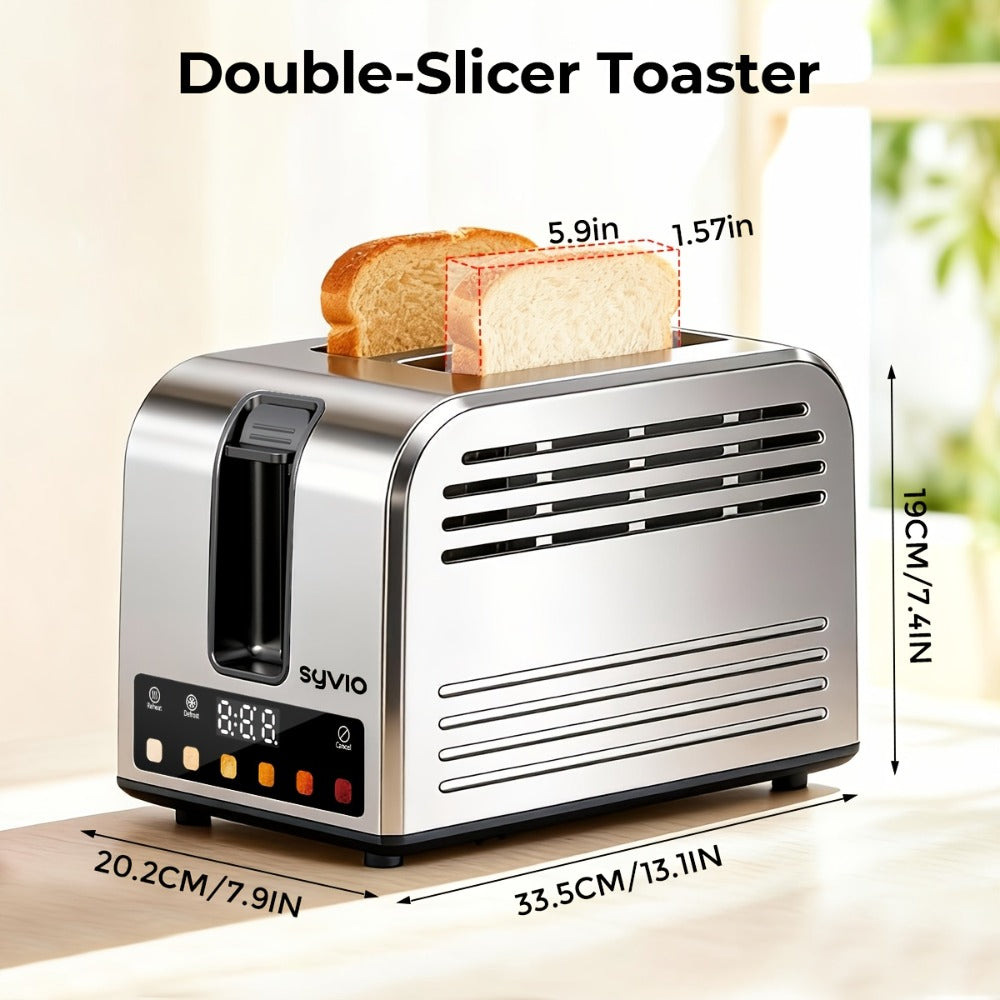 Toaster 2-Slice Stainless Steel Smart Touchscreen – 5 Bread Types, 6 Browning Levels, Wide Slots, Temperature Control, Removable Crumb Tray, Compact Kitchen Toaster