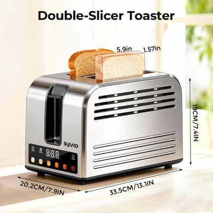 Toaster 2-Slice Stainless Steel Smart Touchscreen – 5 Bread Types, 6 Browning Levels, Wide Slots, Temperature Control, Removable Crumb Tray, Compact Kitchen Toaster