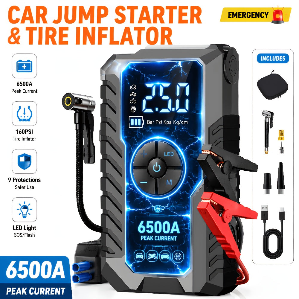 9-in-1Car Jump Starter 6500A 12V Portable Battery Booster with Air Compressor 160PSI, Emergency Power Bank for Car, LED Light Roadside Jump Starter Kit/4000A Portable Wireless Car Jump Starter