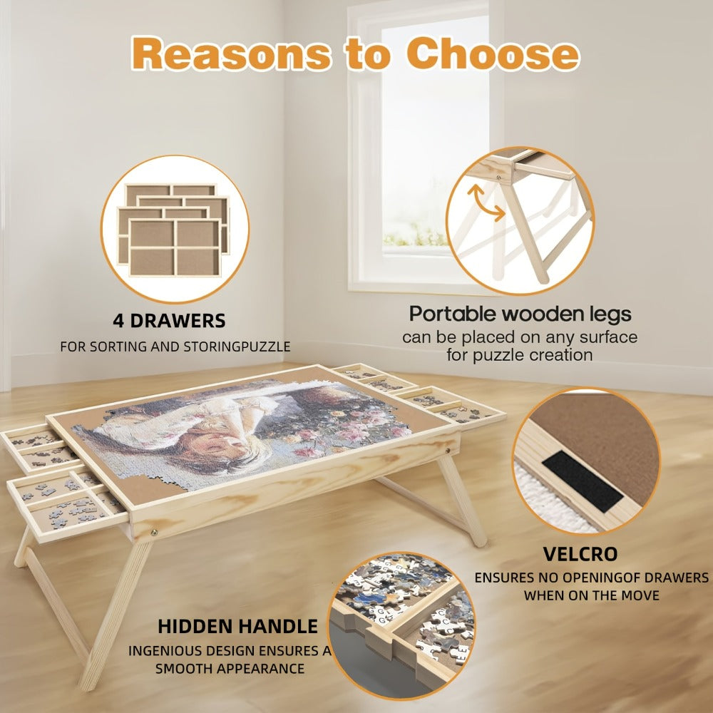 Jigsaw Puzzle Table with Folding Legs – 4 Drawers 16 Sorting Grids Portable Wooden Puzzle Board for 1000 Pieces, Storage Organizer Gift for Adults Seniors Family Game Night Home Office