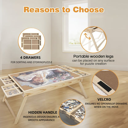 Jigsaw Puzzle Table with Folding Legs – 4 Drawers 16 Sorting Grids Portable Wooden Puzzle Board for 1000 Pieces, Storage Organizer Gift for Adults Seniors Family Game Night Home Office