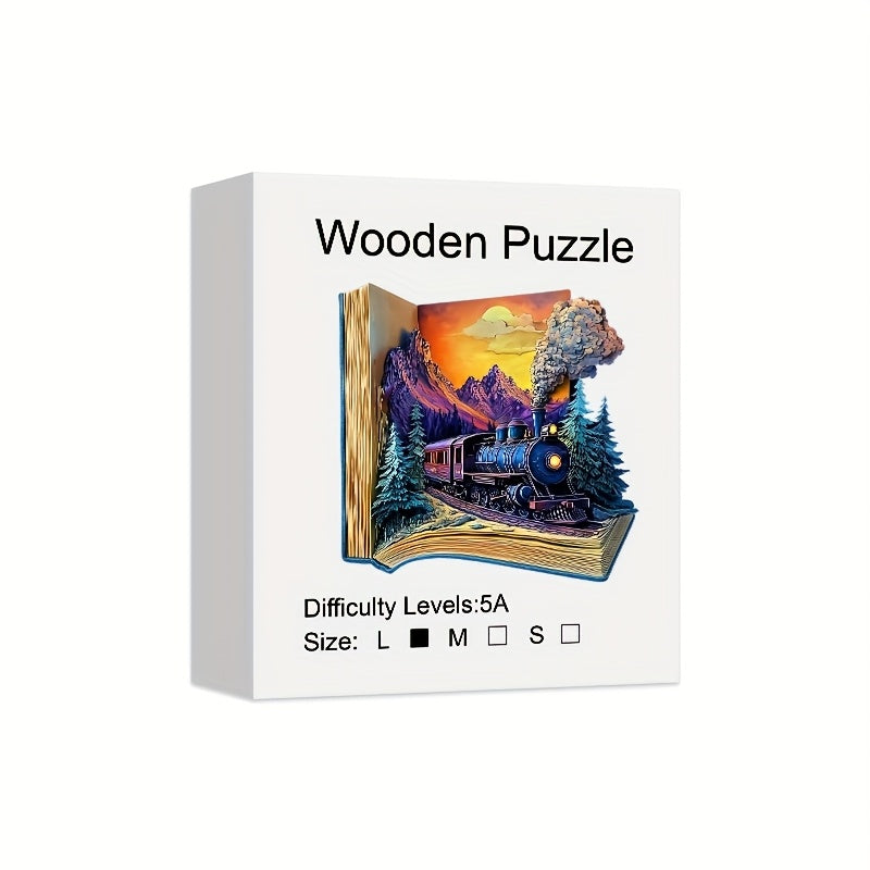Wooden Jigsaw Puzzle for Adults Galloping Train – 3D Vision Effect Unique Shape Pieces, Book-Style Display, Mountain Sunset Art, Unique Birthday Christmas Holiday Gift for Train Lovers & Puzzle Enthusiasts (S & L Sizes)