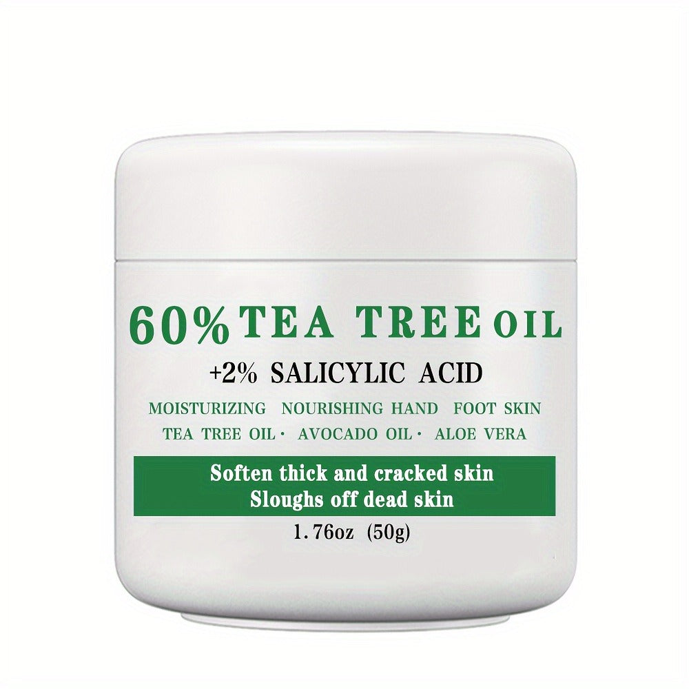 Tea Tree Oil Foot Cream 50g - 60% Tea Tree Oil & 2% Salicylic Acid Foot Balm for Dry Cracked Heels & Calluses, Aloe Vera & Mint Cooling Nourishing Foot Care Treatment