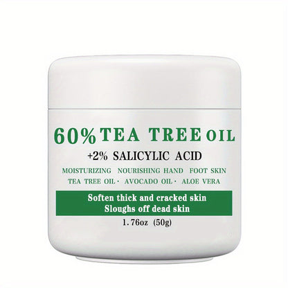 Tea Tree Oil Foot Cream 50g - 60% Tea Tree Oil & 2% Salicylic Acid Foot Balm for Dry Cracked Heels & Calluses, Aloe Vera & Mint Cooling Nourishing Foot Care Treatment