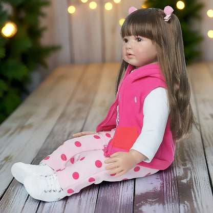 Princess Reborn Baby Doll 24 Inch Long Dark Hair – 60cm Handmade Newborn Girl Soft Vinyl & Cloth Body, Rosy Cheeks, Open Eyes, Birth Certificate & Outfit Included, Lifelike Gift for Kids & Collectors