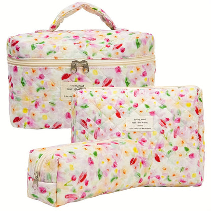 Quilted Makeup Bag Set 3 Pcs Floral Pattern Large Capacity Travel Cosmetic Organizer with Gold Zipper — Polyester Skincare Toiletry Pouch Blue Pink Peacock for Women