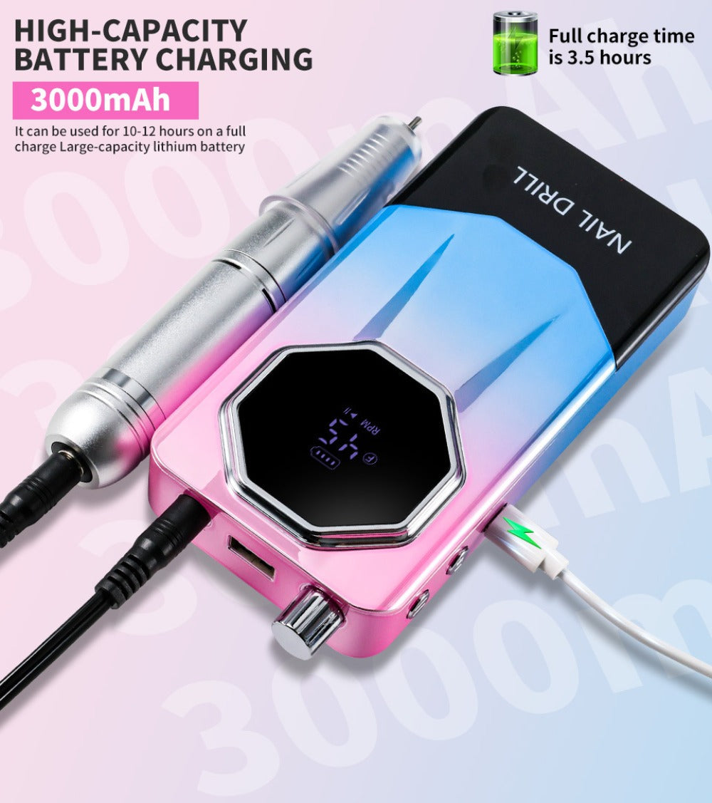 Electric Nail Drill Kit 45000 RPM LCD Display USB Rechargeable Portable E-File Acrylic Gel Removal Polishing Forward Reverse Low Noise Home Salon Manicure Pedicure Gradient Grey White
