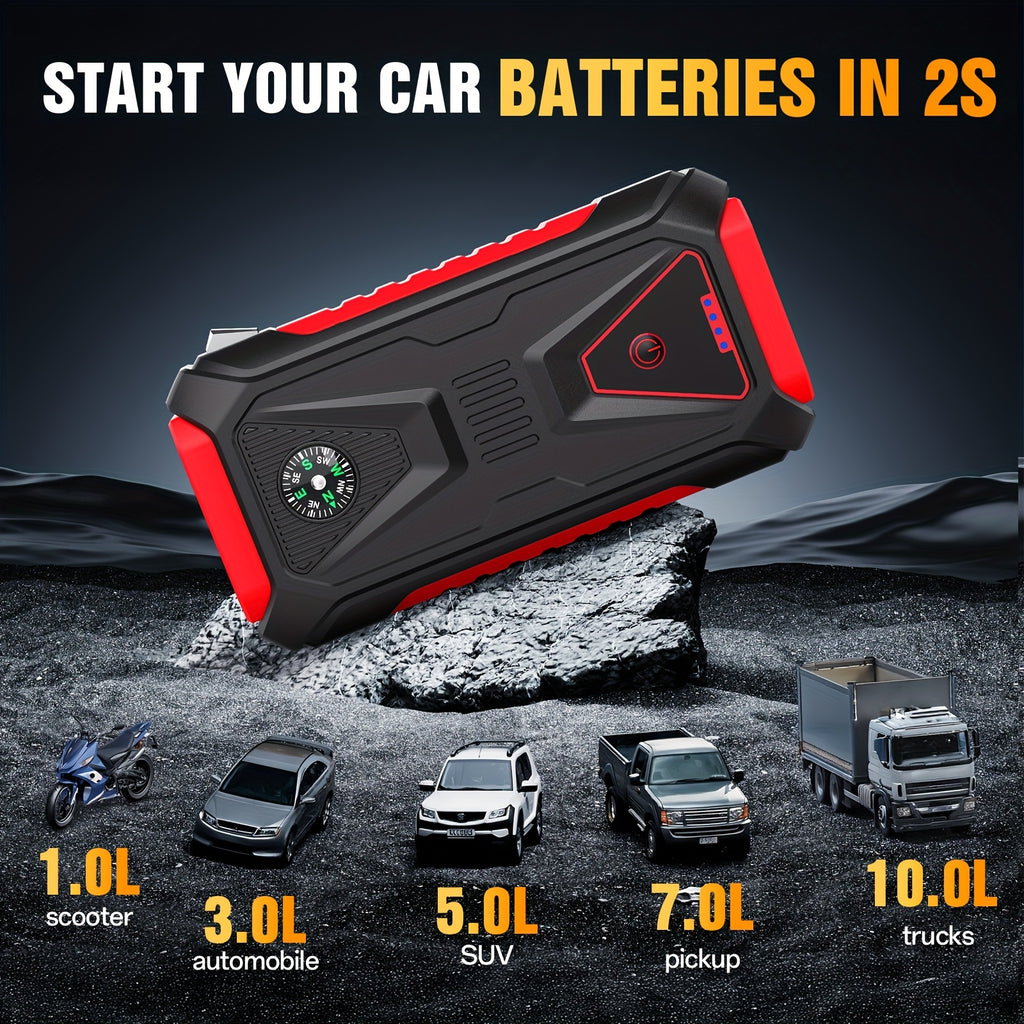 12V Portable Battery Starter | 5000A Peak Jump Starter for 2.64gal Gasoline and 2.11gal Diesel Engines, LED Flashlight, SOS Warning Lights, Emergency Power Supply with Safety Hammer and Compass, USB Dual Use, Rechargeable Lithium Polymer Battery, For RV