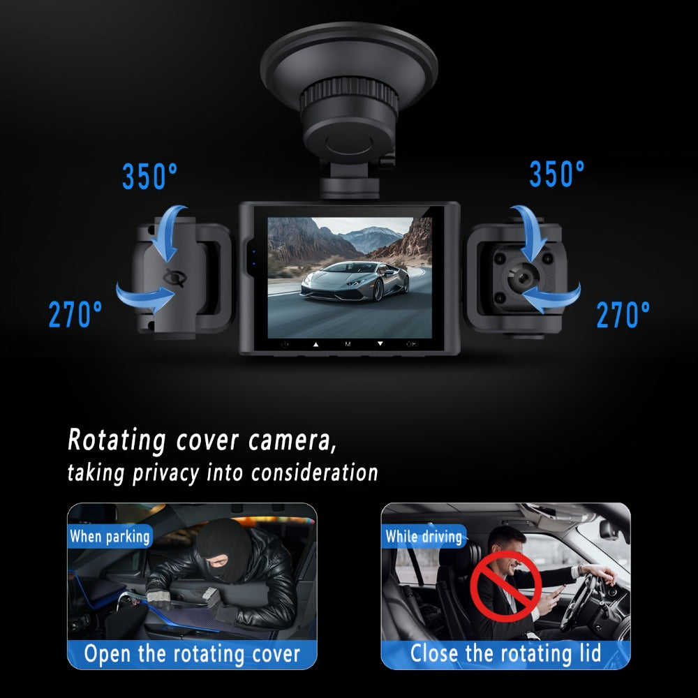 4-Channel 360° Dash Cam 1080P Front + 720P Rear Left Right All-Round Coverage, Quad-Screen Split Display, Night Vision, WDR, G-Sensor, Loop Recording – Optional 64GB Card