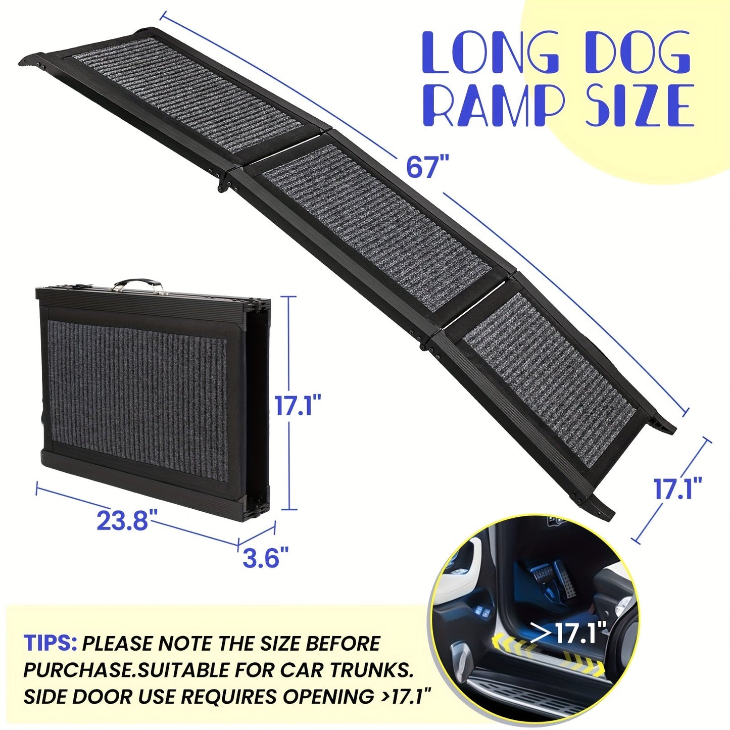 Folding Pet Ramp for Dogs & Cats – Adjustable Portable Non-Slip Fabric Ramp with Ergonomic Handle for Car, Bed & Sofa Access | Indoor & Outdoor Use, 60in & 67in