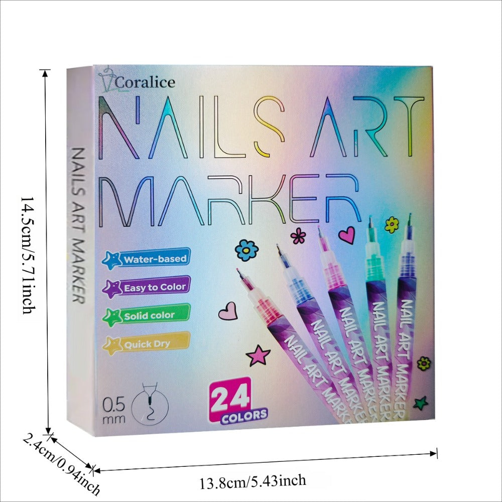Nail Art Pens 24 Colors Set - 3D Doodle Nail Drawing Pen Kit with Fine Tip, Quick-Dry Detail Nail Paint Brushes for Home & Salon Nail Design, Beginner & Professional Nail Art Tools Gift