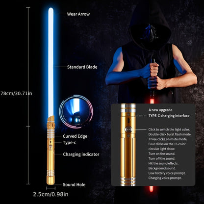 Light Up Saber 15 Colors 2-in-1 Metal Gravity Sensing – Rechargeable Glow Sword with Upgraded LED | Party Glow Sword for Halloween Costume, Christmas Gift for Kids & Adults | Black & Gold