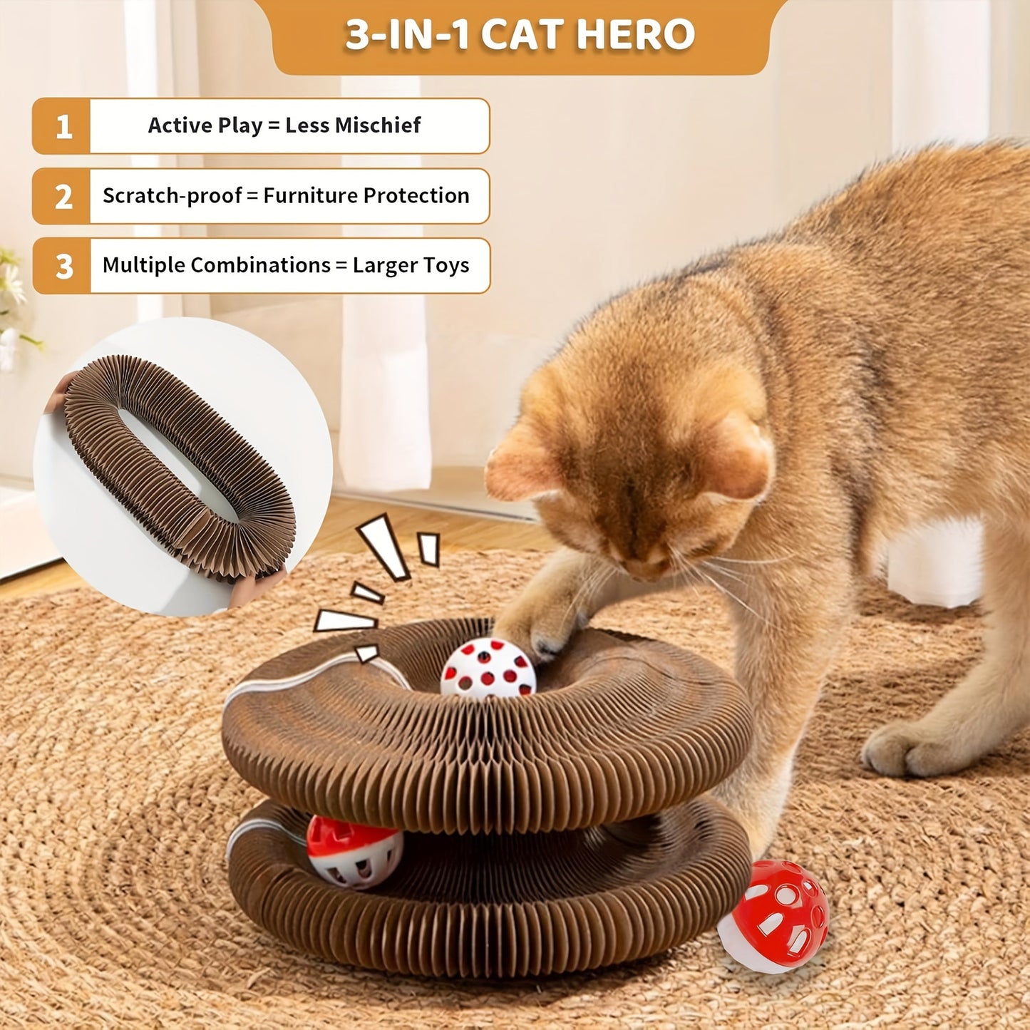 Cat Scratching Board with Ball Track & Bells - Foldable Organ Cardboard Scratcher Pad, Interactive Cat Toy for Indoor Cats, Wear-Resistant Corrugated Scratch Lounge