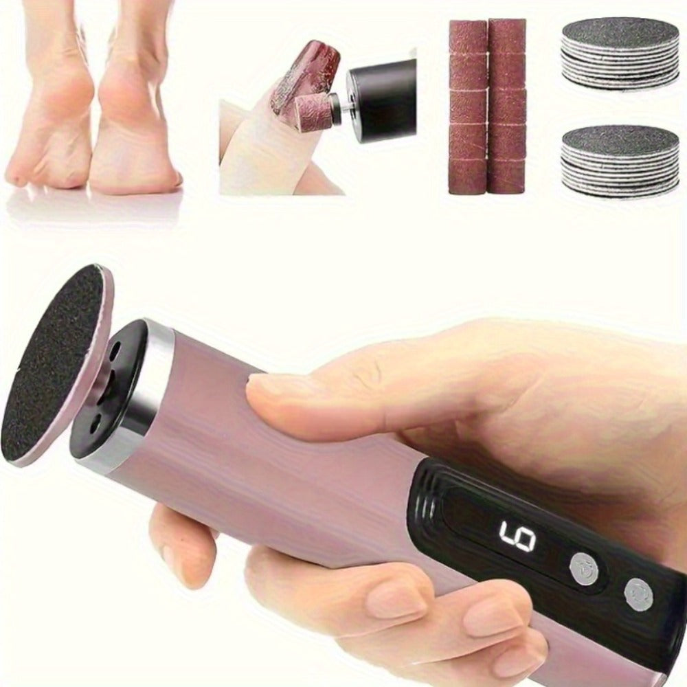 Rechargeable Electric Foot File & Callus Remover 2-in-1 with 2 Sanding Heads & 10 Replacement Sandpaper Pads Adjustable Speed USB Portable Pedicure Tool for Dry Dead Skin Cracked Heels Women Pink