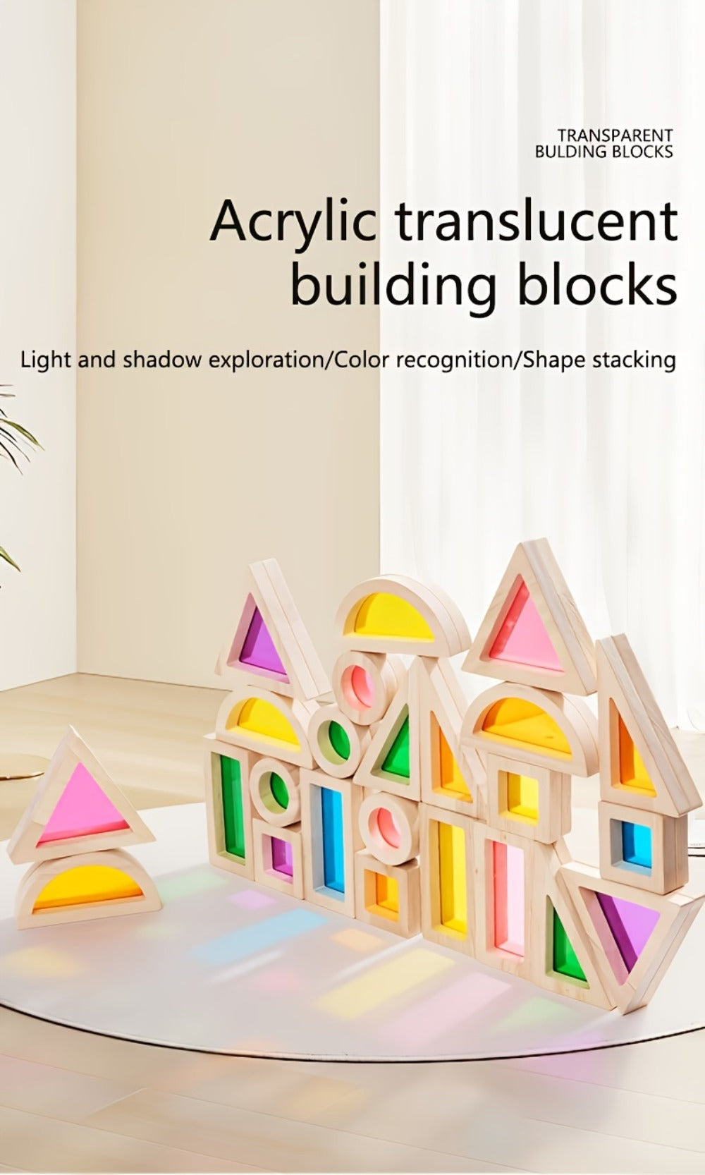 Translucent Acrylic Building Blocks for Kids – Colorful Geometric Construction Toy Set, Sensory Light Table Play, STEM Educational Toy for Toddlers, Birthday Holiday Gift for Boys & Girls Ages 3+