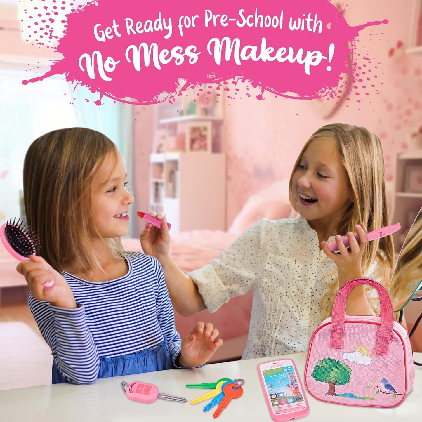 Girls Play Purse Set with Accessories 9pcs – Pretend Makeup, Toy Keys, Fake Phone & Credit Card | Toddler Dress Up Handbag Role Play Toy, Birthday & Christmas Gift for Little Girls Ages 3 4 5 6