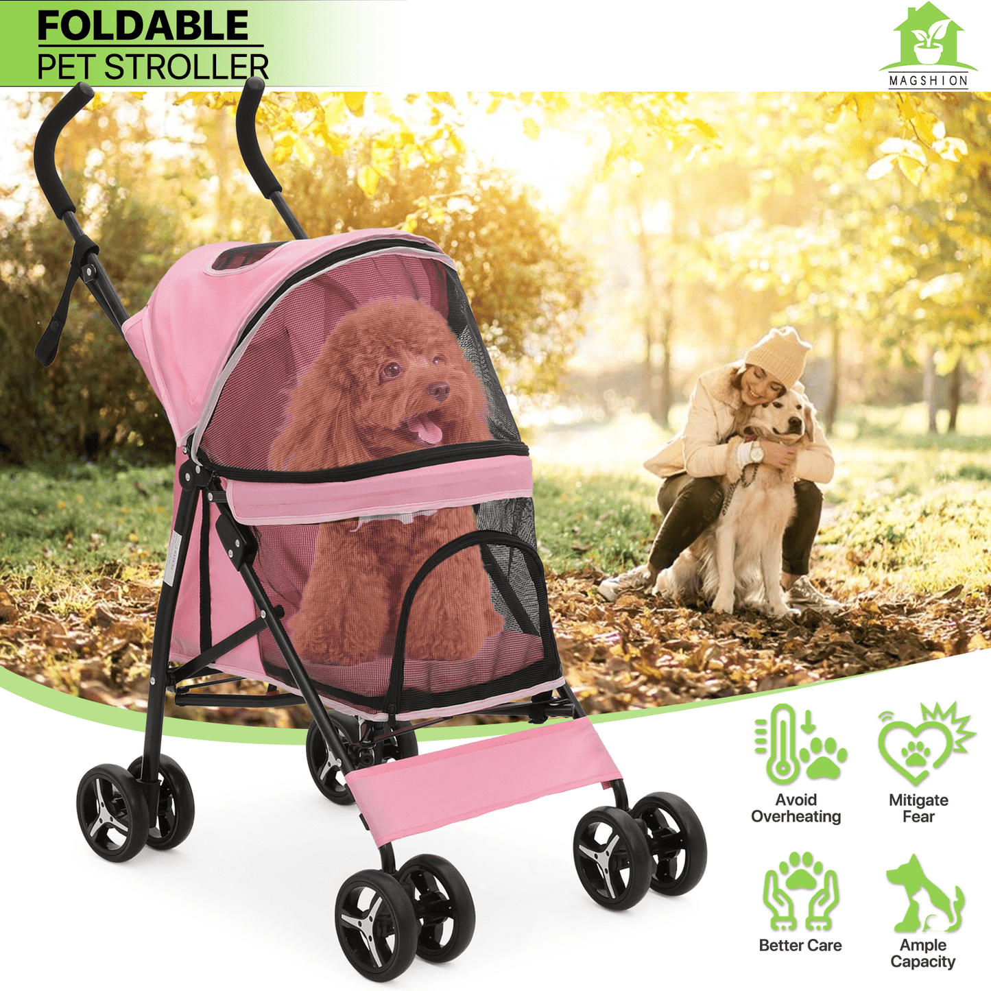 Pet Dog Cat Stroller with 4 Wheels - Foldable Jogger Pet Stroller for Small Medium Dogs & Cats up to 33 lbs, Breathable Mesh Windows, 360° Swivel Wheels, Cup Holder & Storage Basket, 10 Colors