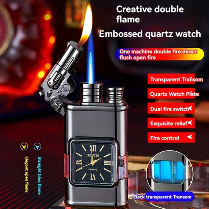 Double Flame Retro Metal Lighter Windproof Refillable Butane Outdoor Portable Quartz Ignition Dragon Eagle Gun Type Ice Golden Bronze Mahogany Creative Men Gift Box Packaging