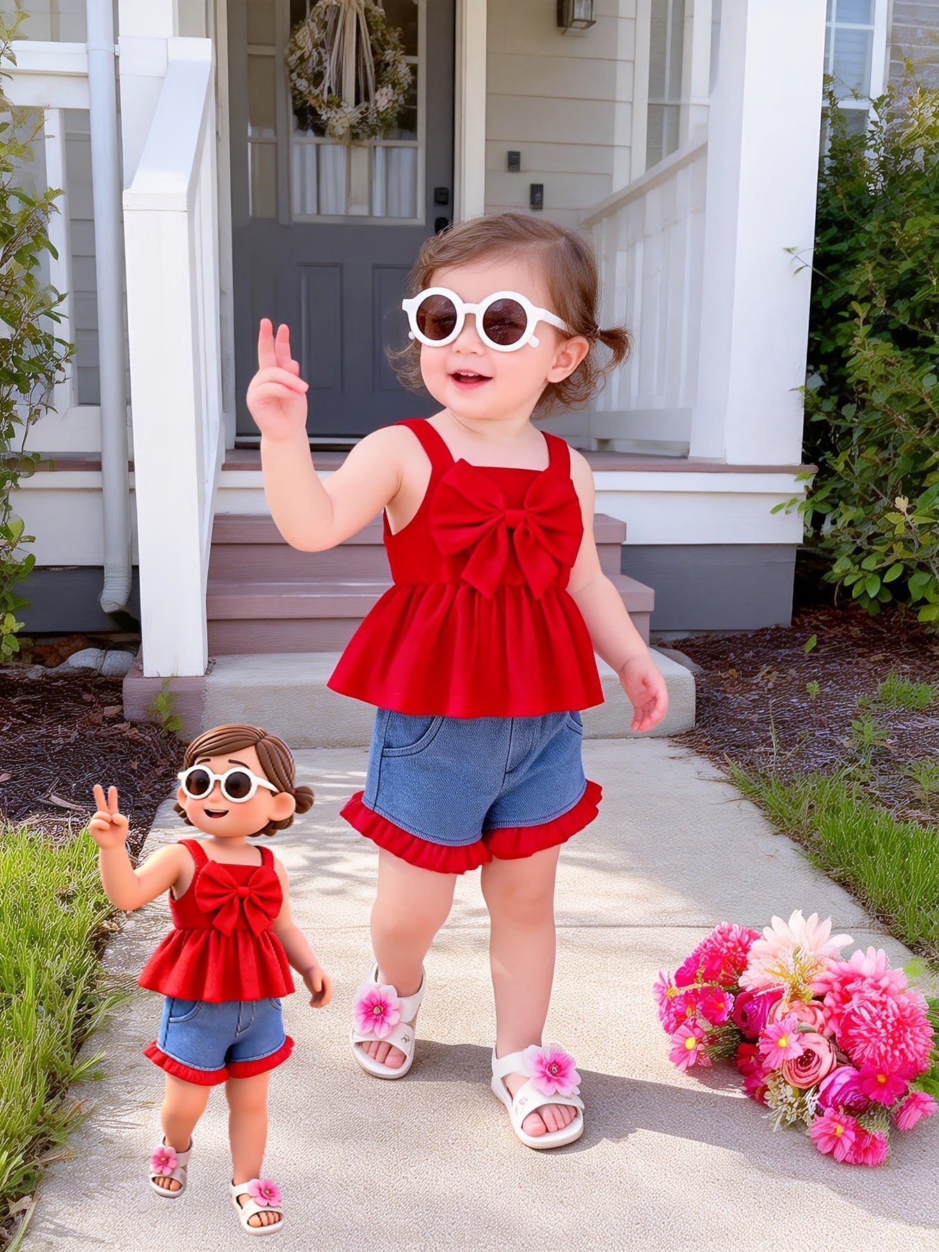 Baby Red Denim Ruffle Sleeveless Denim Shorts - product view 4