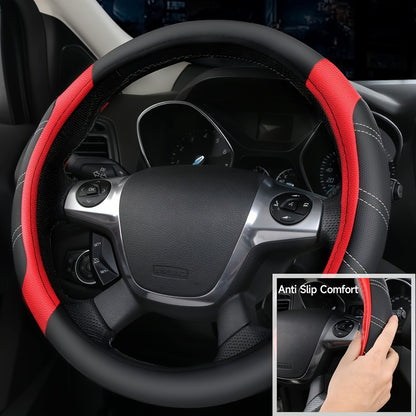 Steering Wheel Cover & Waterproof Car Floor Mats Combo Set – Microfiber Anti-Slip Universal Fit 14.5-15 Inch for 95% Sedan SUV Cars – Sporty Comfortable Design (Black & Blue / Beige / Red / Pink / Gray)