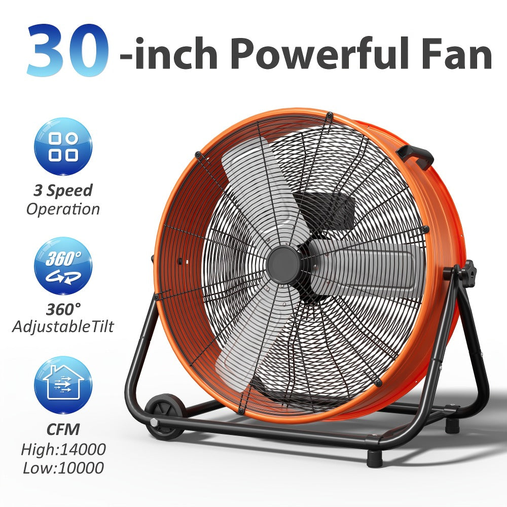 Industrial Drum Fan 24 & 30 Inch | High Velocity Floor Fan 9460-14000 CFM, 3-Speed Air Circulator with 180° Tilt for Warehouse, Garage, Workshop, Job Site & Large Space Cooling – Multiple Colors