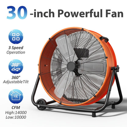 Industrial Drum Fan 24 & 30 Inch | High Velocity Floor Fan 9460-14000 CFM, 3-Speed Air Circulator with 180° Tilt for Warehouse, Garage, Workshop, Job Site & Large Space Cooling – Multiple Colors