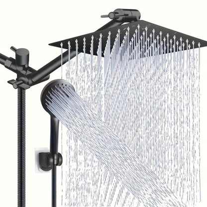 High Pressure Shower Head Combo with Handheld Shower Wall Mounted 9 Spray Settings Rainfall Shower System Adjustable Angle Leakproof with Hose for Modern Bathroom Chrome Matte Black