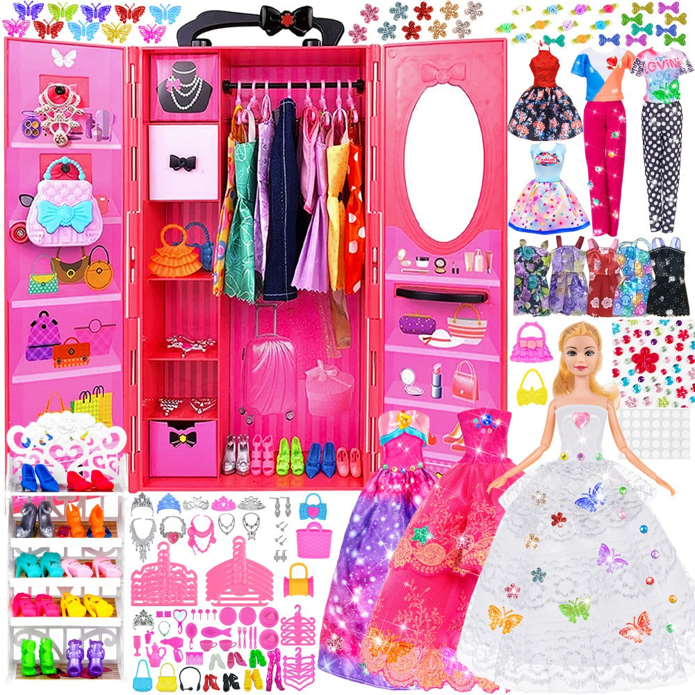 Fashion Doll Wardrobe Set 140pcs for 11.5 Inch Dolls – Deluxe Closet with Wedding Dress, Evening Gowns, Princess Dresses, Shoes, Necklaces & Accessories, Doll Included, Gift for Girls Ages 6-12
