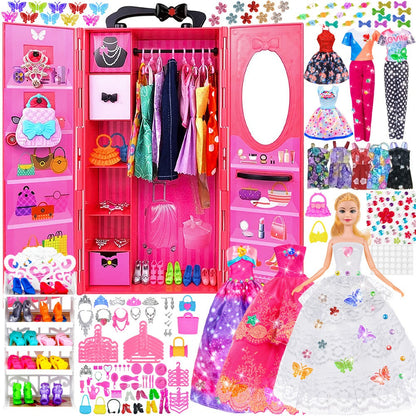 Fashion Doll Wardrobe Set 140pcs for 11.5 Inch Dolls – Deluxe Closet with Wedding Dress, Evening Gowns, Princess Dresses, Shoes, Necklaces & Accessories, Doll Included, Gift for Girls Ages 6-12
