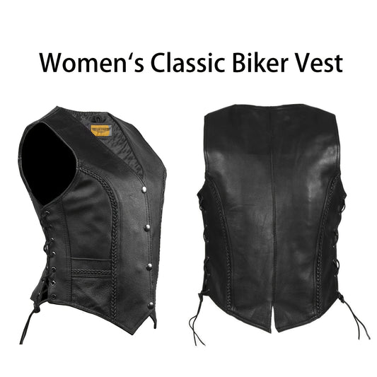 Women'S Black Concealed Carry Pockets Leather Motorcycle Vest, with Lace-Up Side Detailing And Adjustable Straps, Edgy Biker Look | Metal Eyelet Accents | Motorcycle Vest