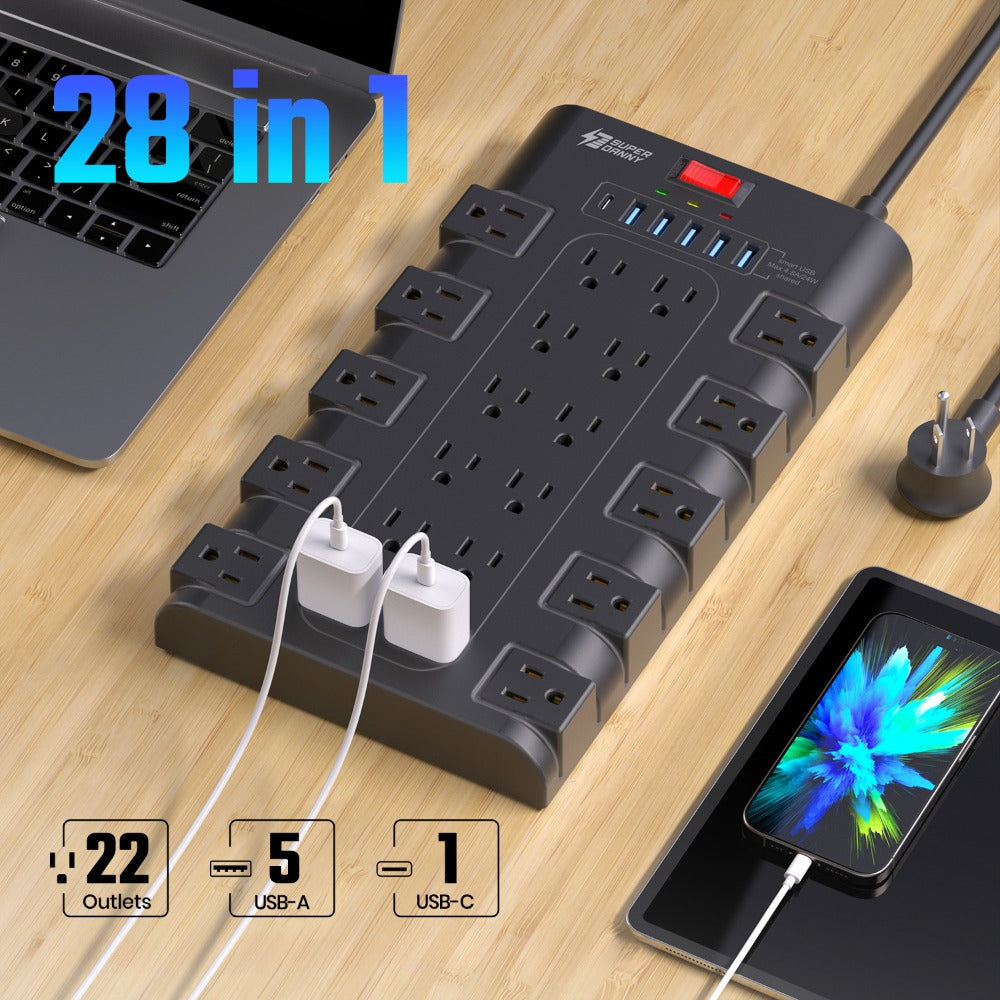 Power Strip Surge Protector 28-in-1 with 22 Widely Spaced Outlets 5 USB-A 2 USB-C Ports 2100 Joules Flat Plug Wall Mountable 6.48FT 14AWG Heavy Duty Extension Cord for Home Office