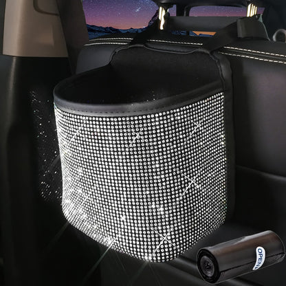 Bling Rhinestone Car Trash Can with Trash Bag – Sparkling Crystal Hanging Seat Back Bin, Space-Saving Car Interior Organizer for Women & Girls