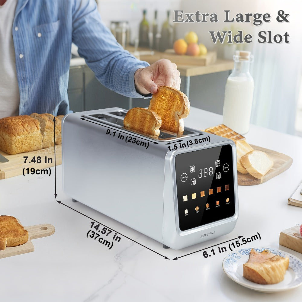 4-Slice Toaster Long Slot Stainless Steel – Touch Screen LED Display, 1.5" Wide Slots, Countdown Timer, Memory Function, Dual Control, 6 Shade Settings