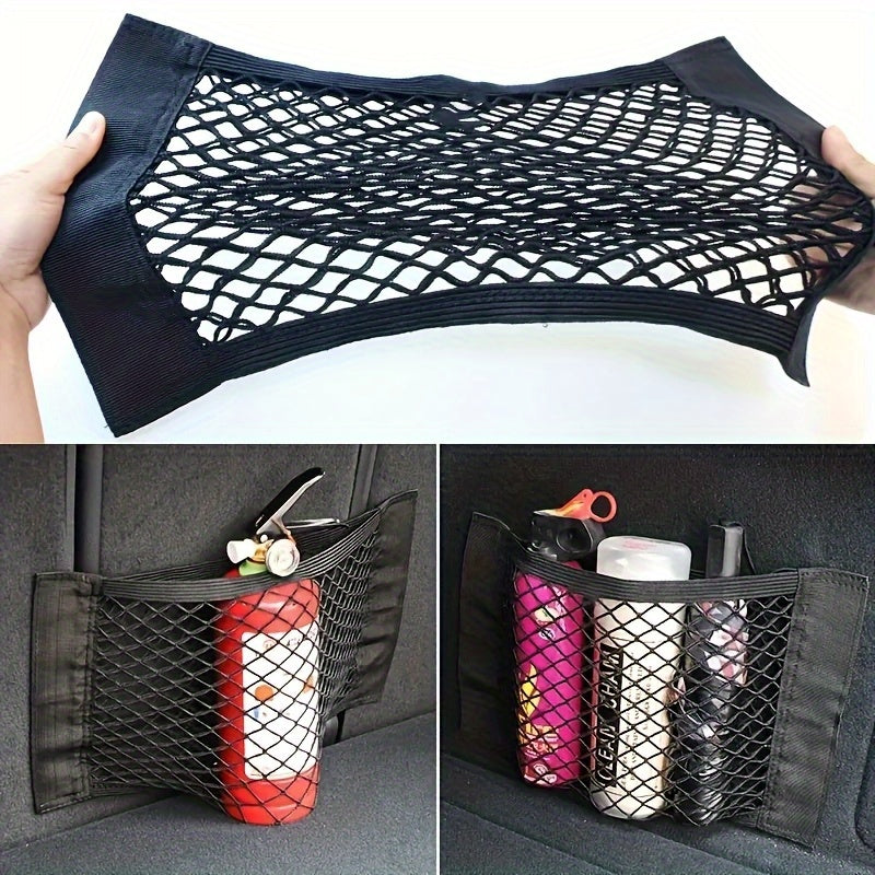 Heavy-duty Car Trunk Organizer, Double-layer Mesh Storage Bag with Elastic Edges and Hook-and-loop Fasteners - Suitable for SUVs, Sedans, Trucks - Securely Holds Bottles, Tools, Fire Extinguishers - Easy-to-install Car Interior Accessory
