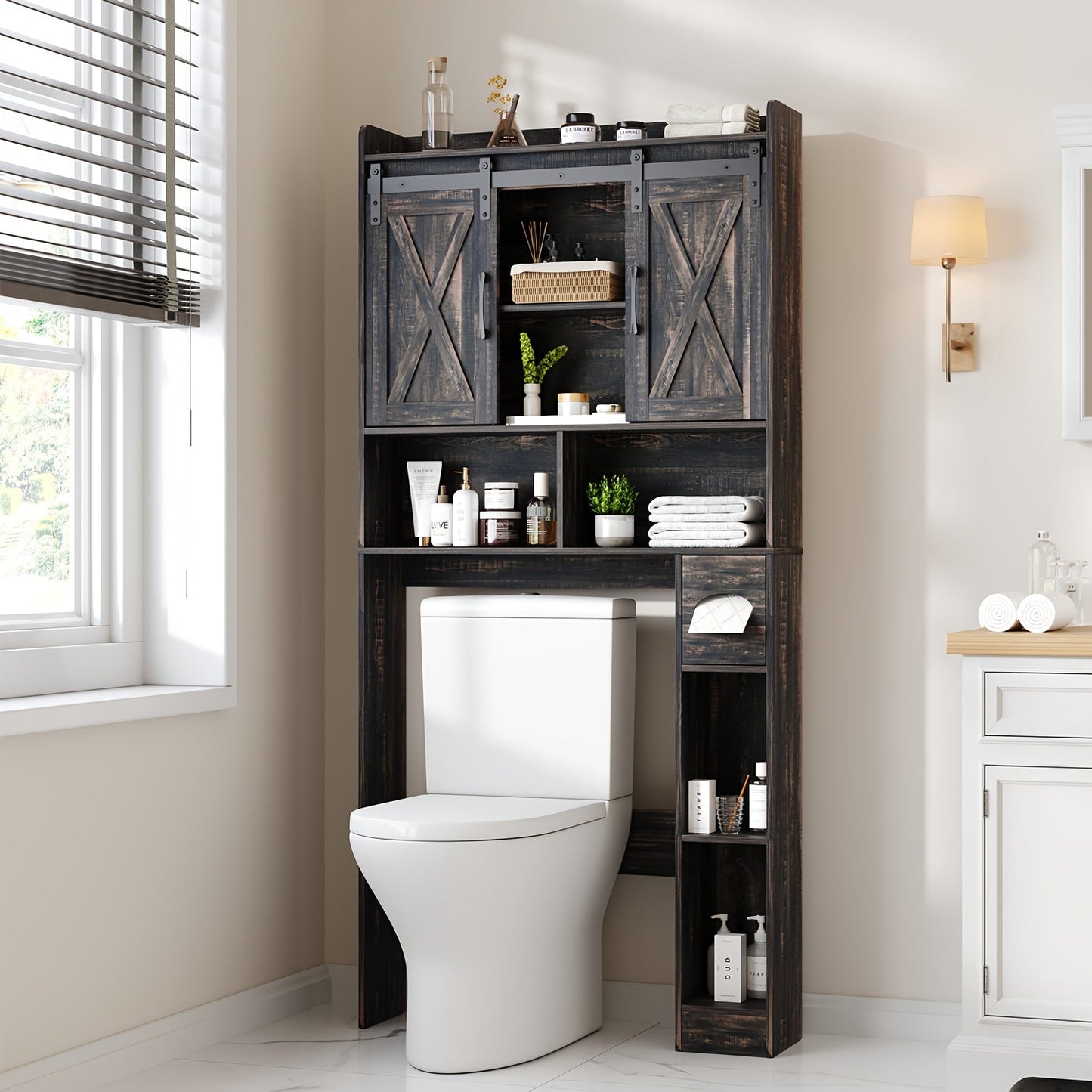 Bathroom Storage Cabinet shown in the Maduro, Sliding Doors option