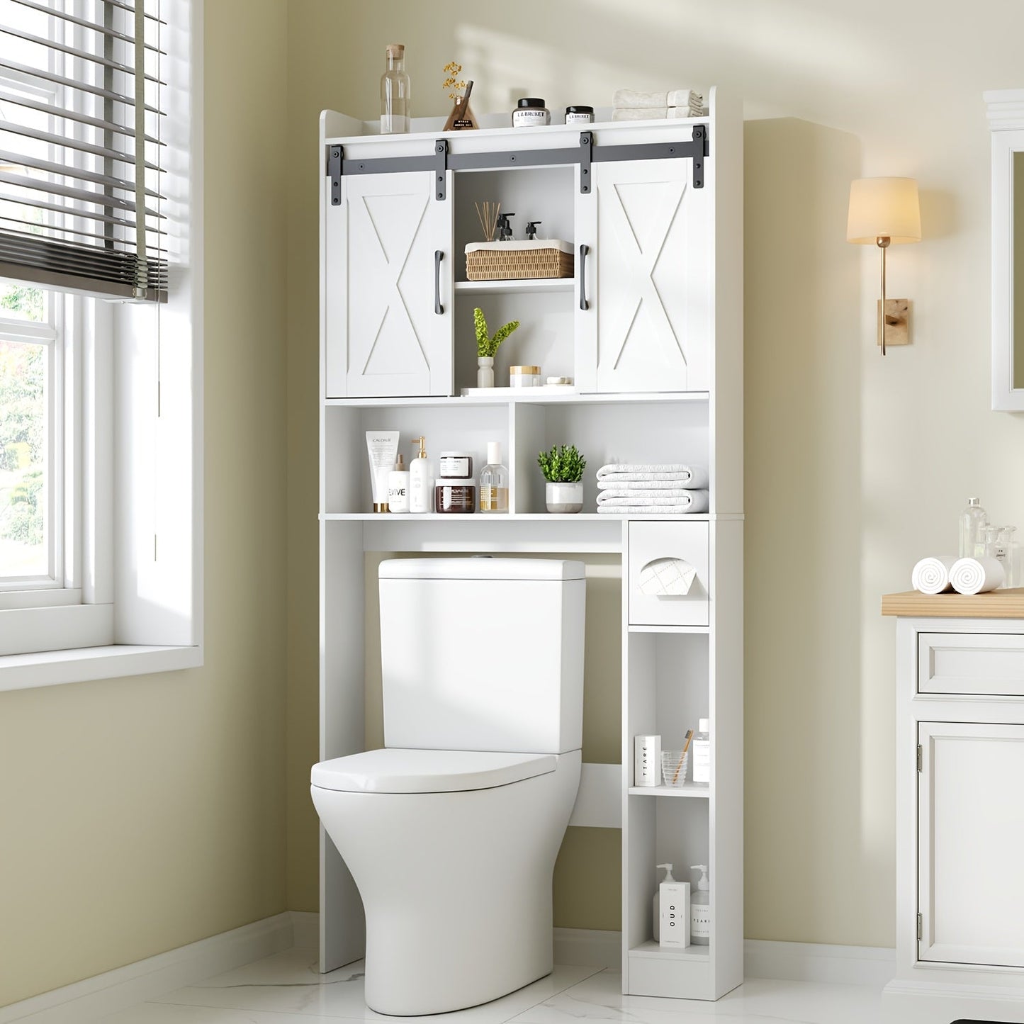 Bathroom Storage Cabinet shown in the White, Sliding Doors option
