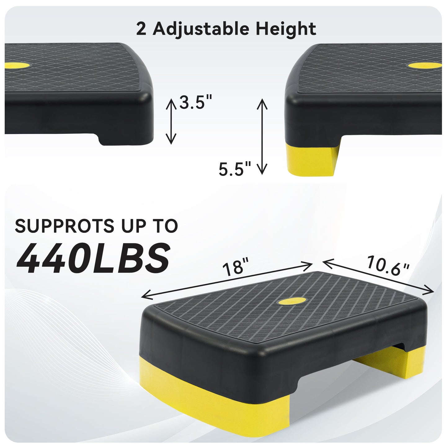 Aerobic Step Platform Adjustable Height with 2 Risers – Non-Slip Workout Stepper 18"x11", 440 LB Capacity, Space-Saving Design for Home Gym Cardio, Strength & Toning, 4 Color Options