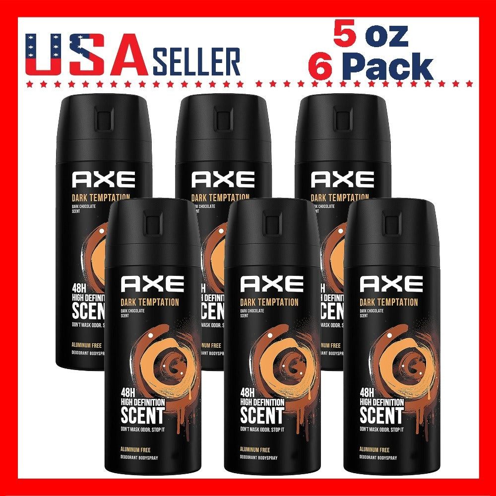 Men's Body Spray Deodorant Axe Dark Temptation, Dark Chocolate Fragrance Long-Lasting Odor Protection Aluminum-Free Body Spray for Men, 5.1oz 150ml per Bottle – Available in 3 Pack & 6 Pack