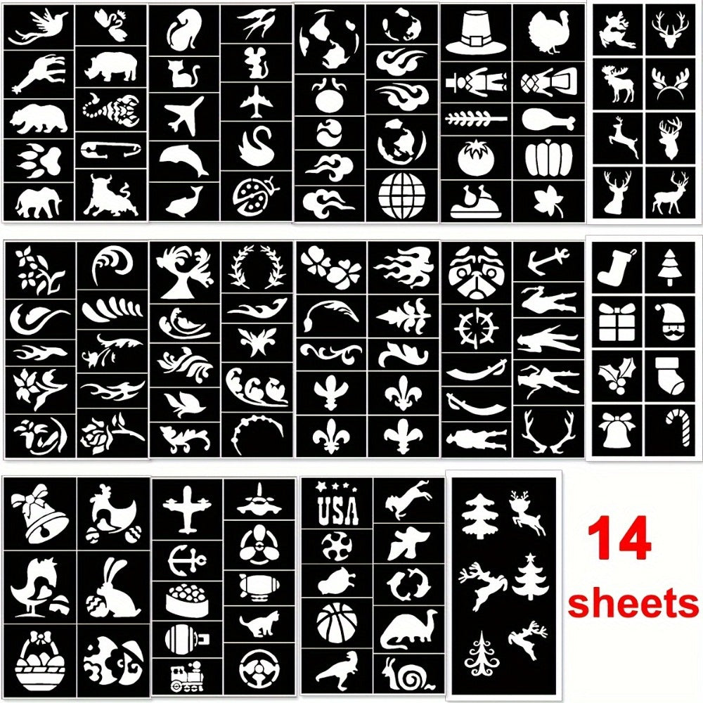 Glitter Tattoo Kit for Kids & Adults – 14 Stencil Sheets 6 Metallic Colors Skin-Safe Body Glue 2 Brushes Temporary Body Art Set for Birthday Parties Festivals Halloween Rave Costume Events