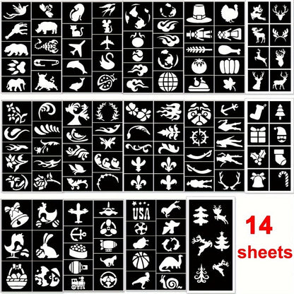 Glitter Tattoo Kit for Kids & Adults – 14 Stencil Sheets 6 Metallic Colors Skin-Safe Body Glue 2 Brushes Temporary Body Art Set for Birthday Parties Festivals Halloween Rave Costume Events