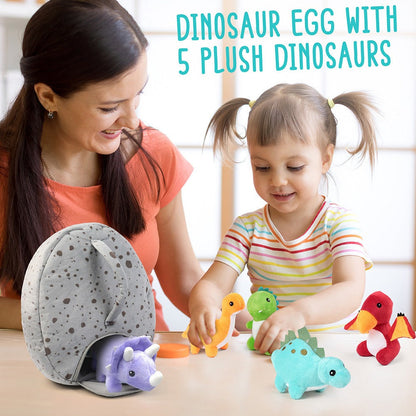 Mini Dinosaur Plush Set 5 Pack with Egg Carrying Case — 5-6 Inch Soft Stuffed Dino Toys for Baby Toddlers Kids, STEM Easter Basket Birthday Christmas Party Favor Gift for Dino Lovers