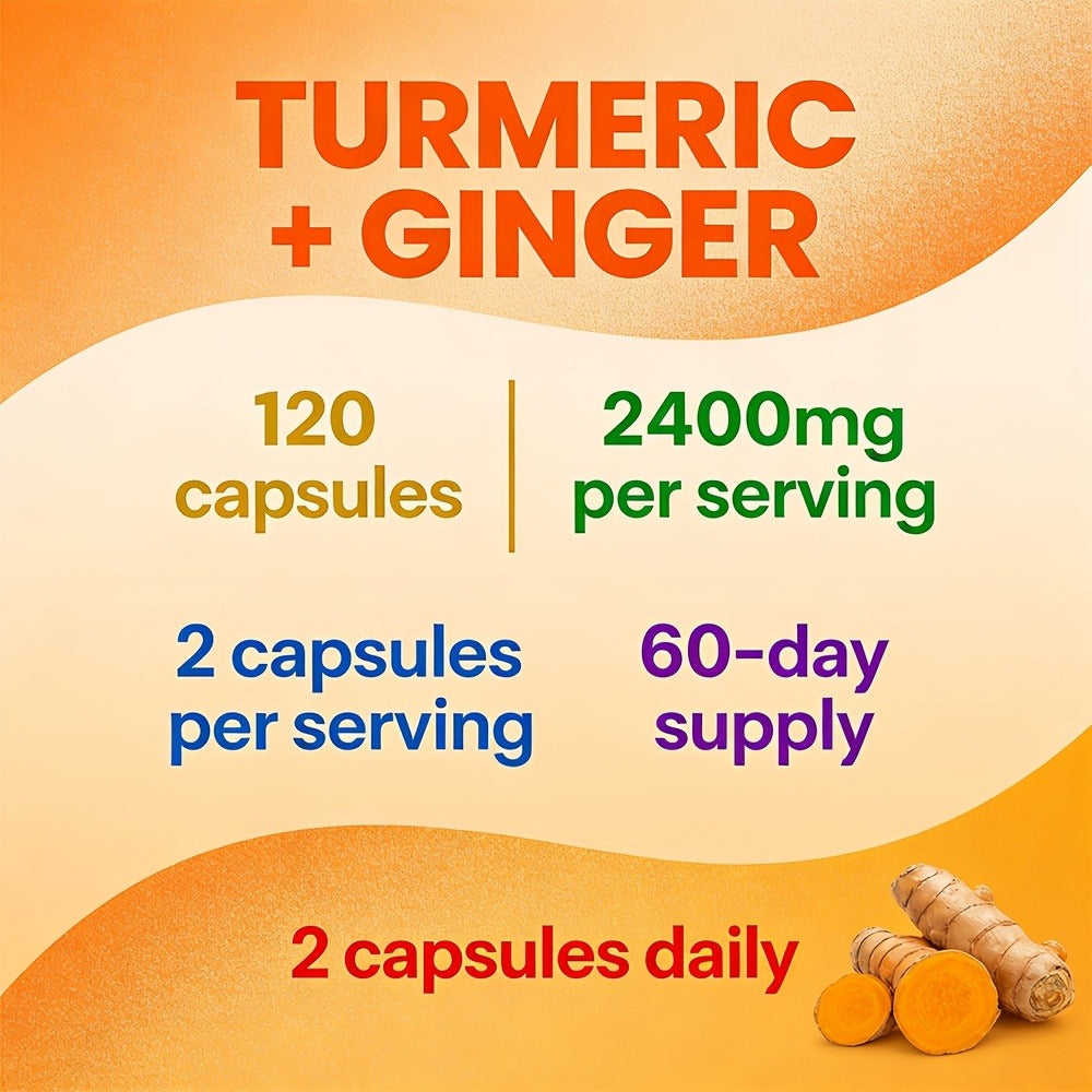Turmeric Ginger Capsules 2400mg with Black Pepper Extract for Immune Support, Joint Relief & Healthy Energy – 120 Capsules Daily Supplement