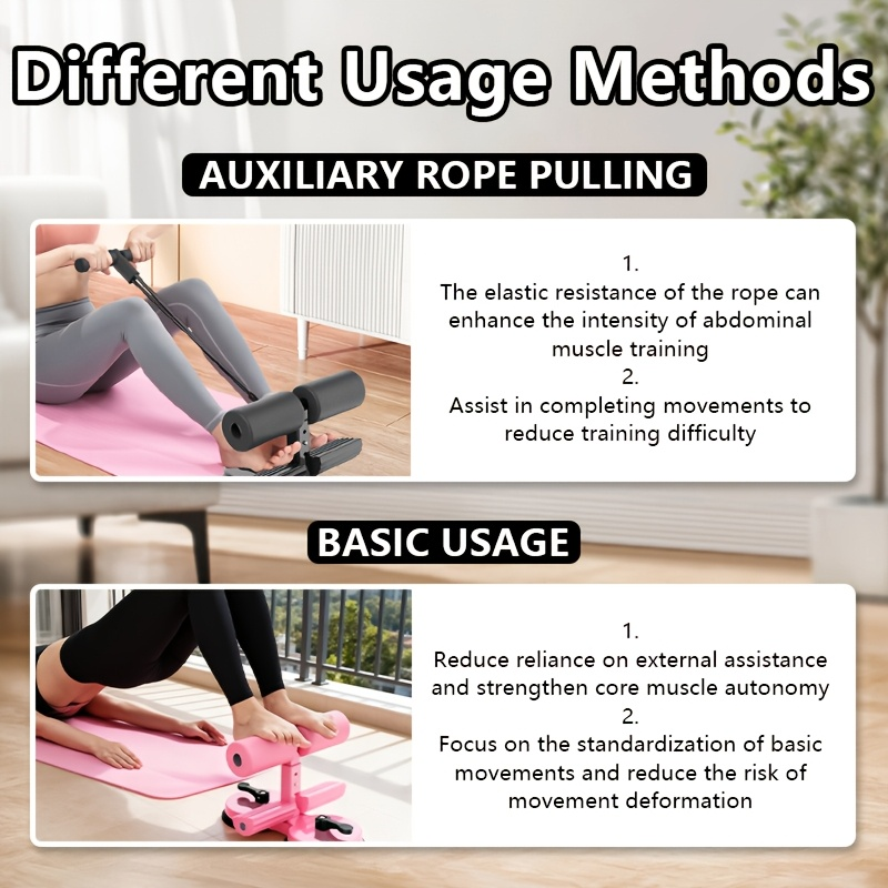 Portable Sit Up Bar with Resistance Bands – 3-Section Adjustable Ab Exercise Bar, Dual Suction Cup Floor Mount, Lightweight Home Gym Fitness Equipment for Core Training in Small Spaces, Black & Pink