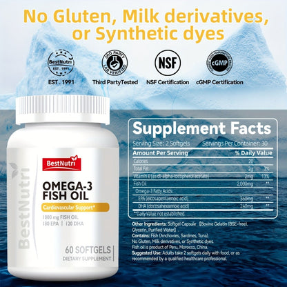 Omega-3 Fish Oil 2000mg Softgels with EPA & DHA — Cold-Extracted CGMP Certified | Brain Vitality Heart Health Anti-Inflammatory Support | For Adults & Young Adults | 60 or 90 Softgels
