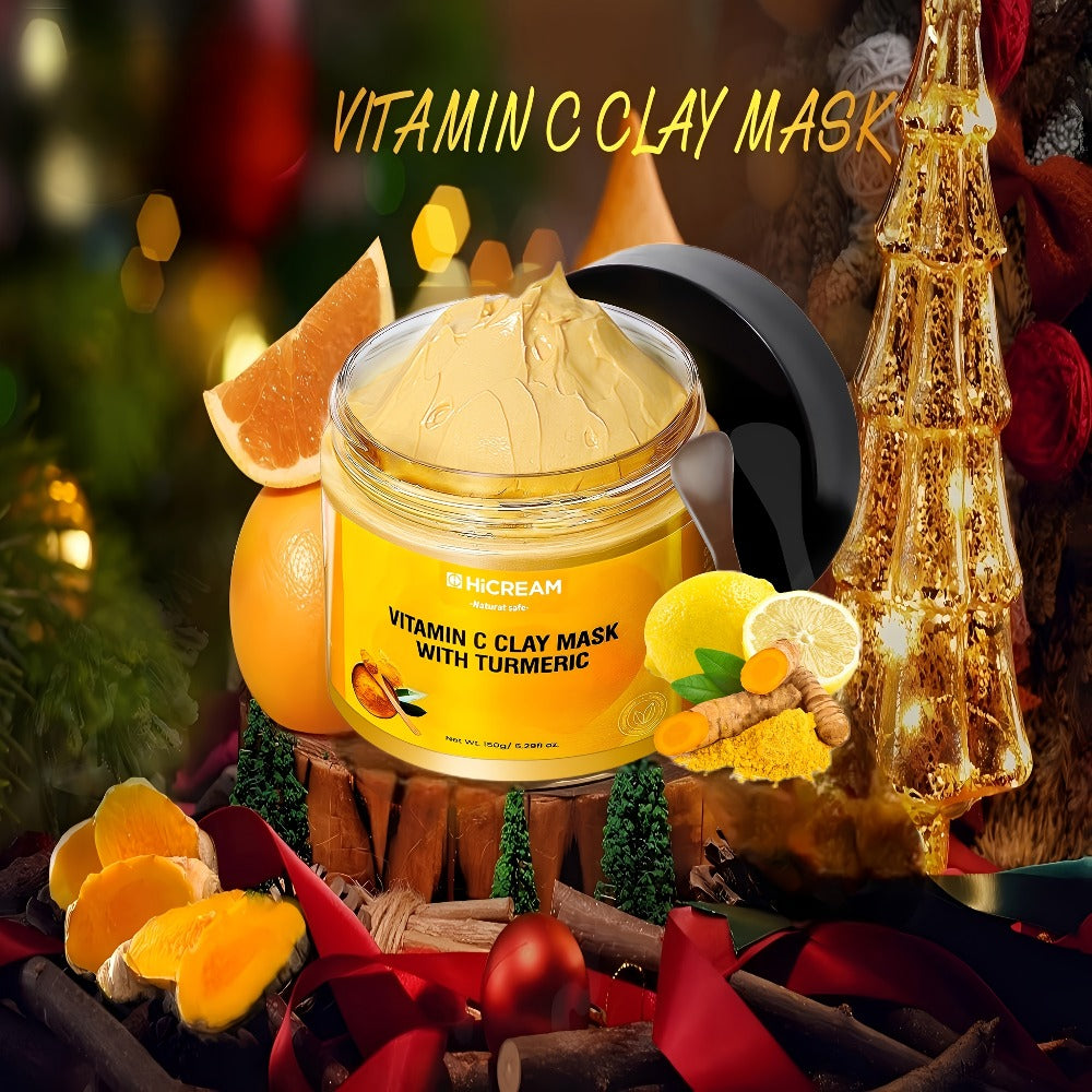 Vitamin C & Turmeric Clay Face Mask 5.29oz / 150g — Deep Cleansing Brightening Mud Mask Aloe Vera Calendula Low-Allergenic Dark Spot Corrector Pore Tightening All Skin Types Women