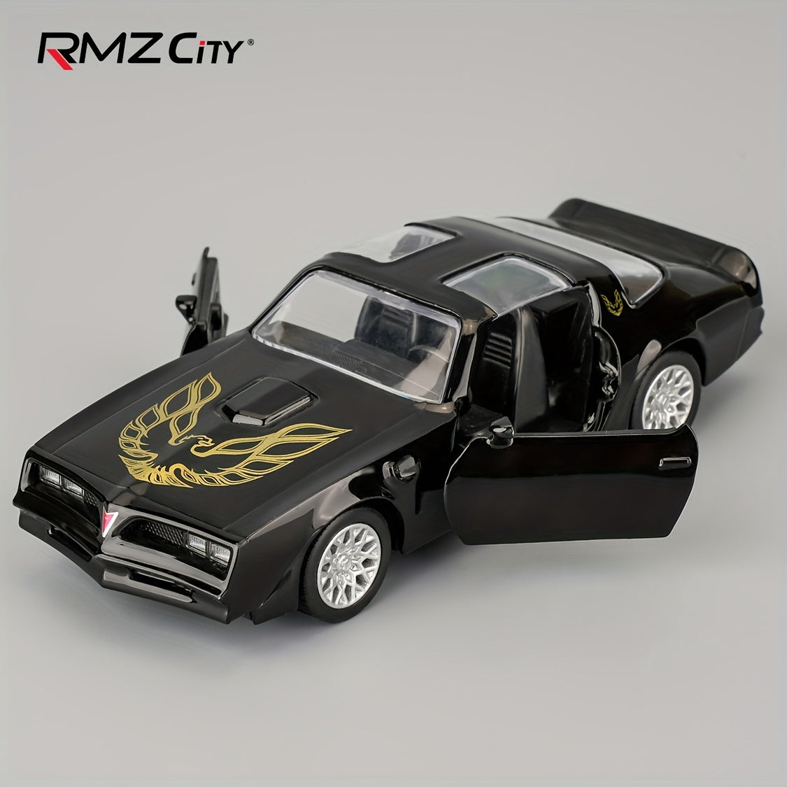 RMZ 1:36 Scale Pontiac Firebird Die-Cast Toy Car with Openable Doors & Pull-Back Action – Zinc Alloy Muscle Car Model with Display Base | Collectible Miniature Gift for Boys Girls Car Enthusiasts Ages 3+